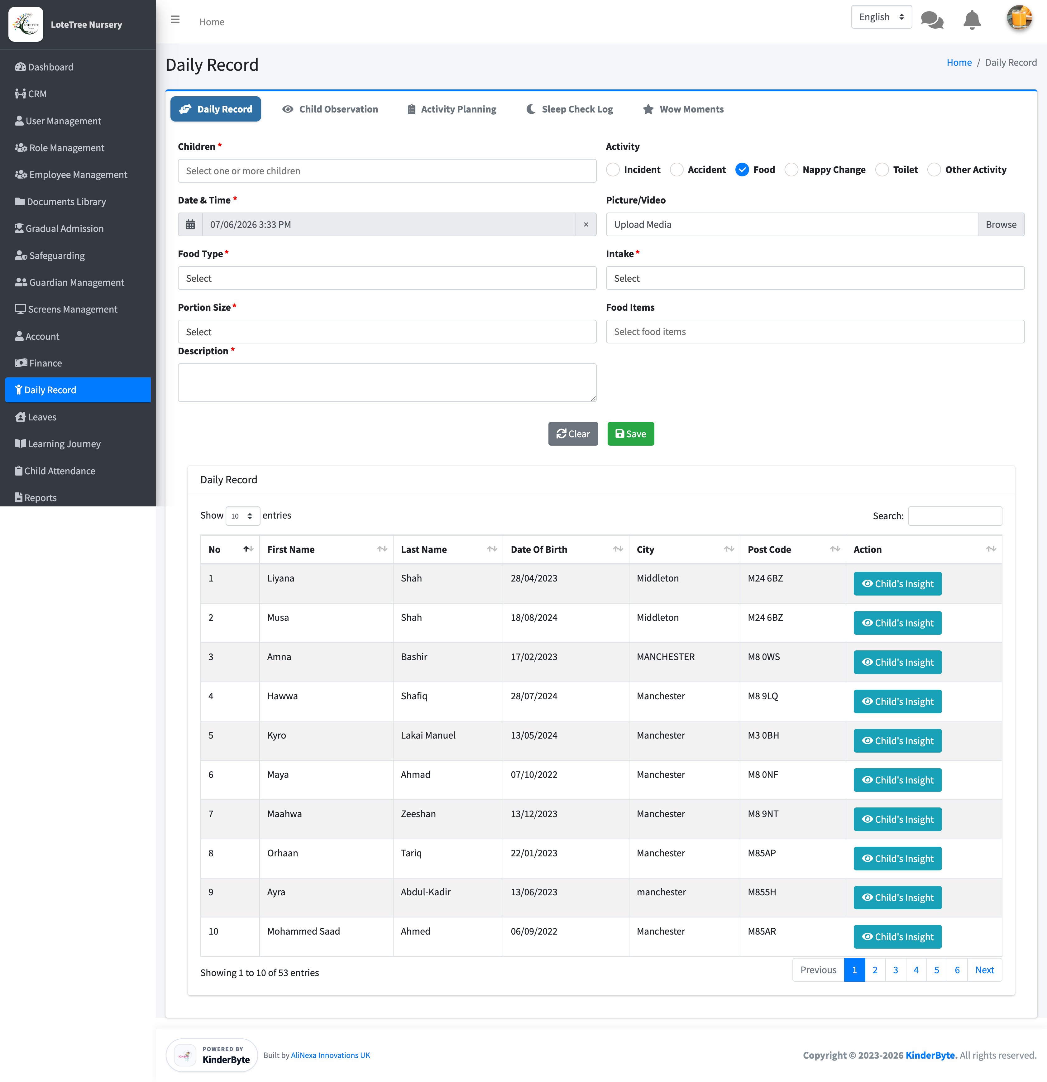 KinderByte daily records screenshot