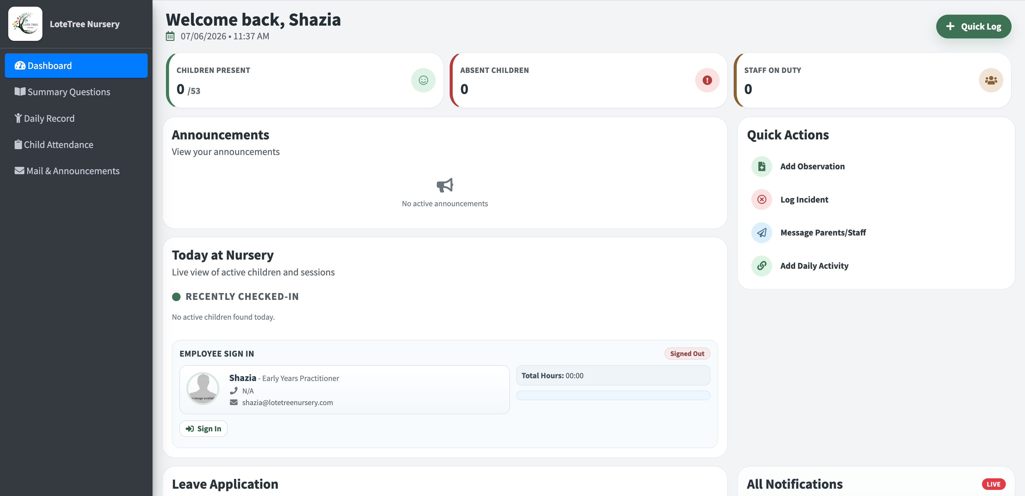 KinderByte staff module screenshot